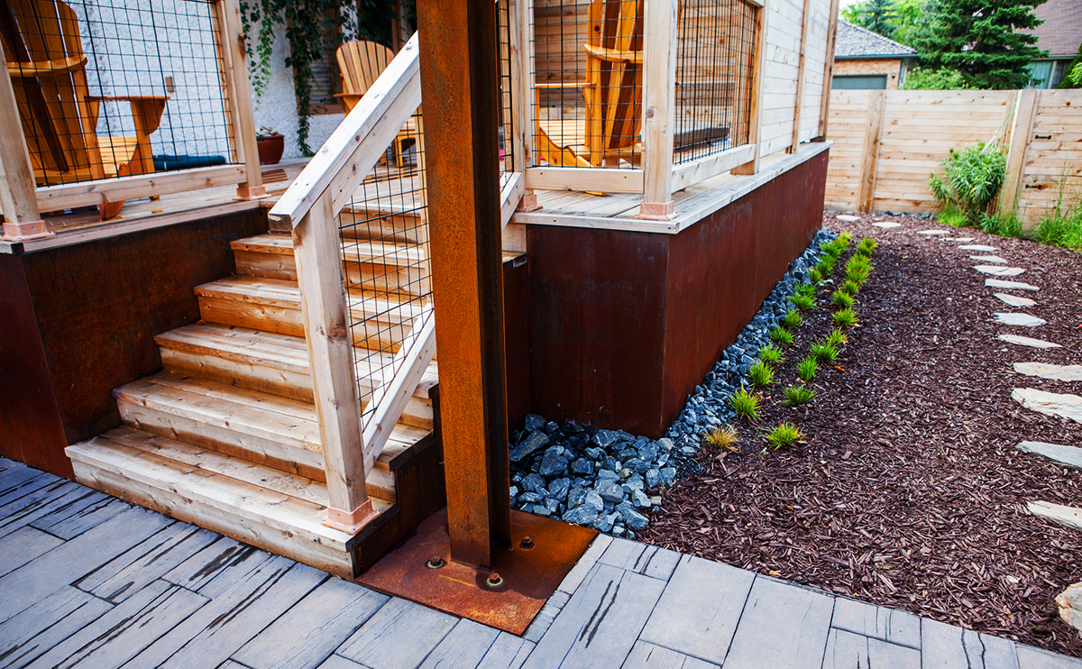 Corten Steel Deck Siding and Posts | B. Rocke Landscaping | Winnipeg, Manitoba